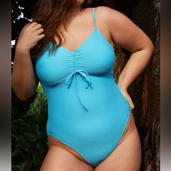 BERLOOK Womens Size Medium OMENSBlue Textured V Neck One-Piece Swimsuit - Picture 1 of 10
